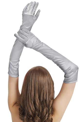 Long Grey Gloves Costume Women, Long Gray Satin Elbow Length Gloves 21" for Opera Halloween Outfits Cosplay 1920s Great Gatsby Party Formal Evening Prom Masquerade Balls Vintage Flapper Dress up | Amazon (US)