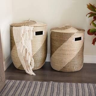 Litton Lane 16 in. x 18 in. x 24 in. Brown Sea Grass Contemporary Storage Basket (Set of 2) 04127... | The Home Depot