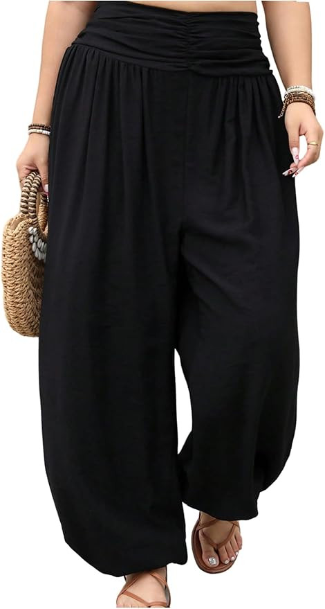 OYOANGLE Women's Plus Size Harem Pants Boho Lounge Pants Loose Fit Barrel Leg Palazzo Trousers | Amazon (US)