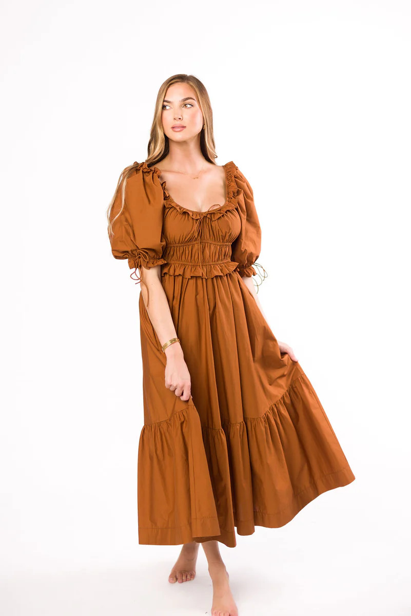 Crissy Ruched Midi Dress in Brown - Bump Friendly | Worth Collective