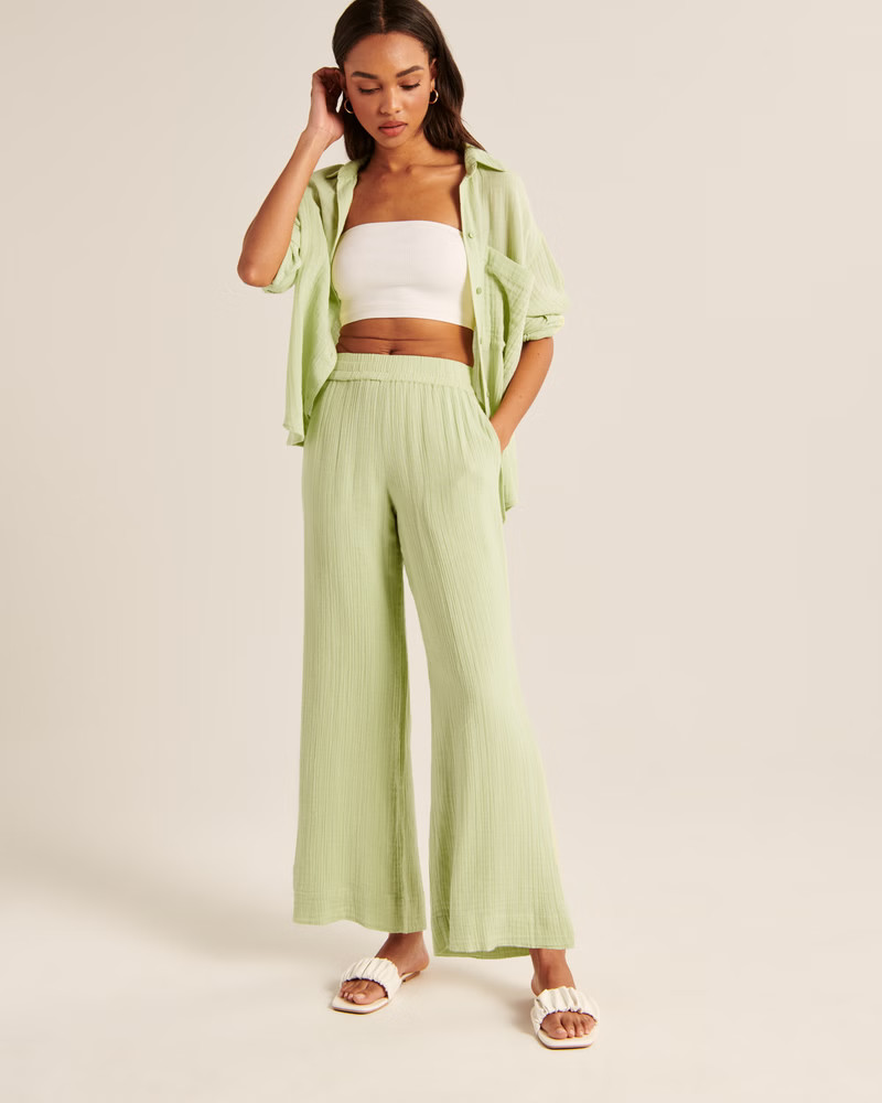 Women's Crinkle Cotton Wide Leg Pants | Women's Bottoms | Abercrombie.com | Abercrombie & Fitch (US)