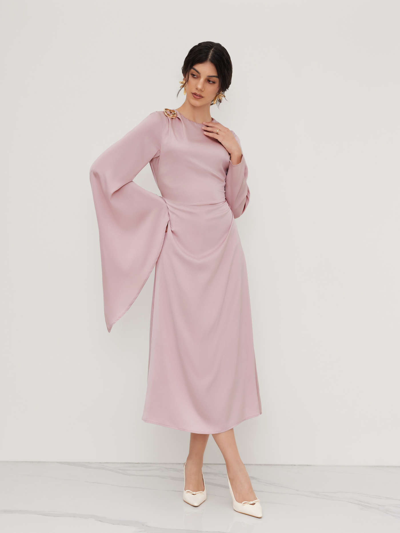 Satin Boat Neck Asymmetrical Sleeve Ruched Metal Detail Maxi Dress | Cider