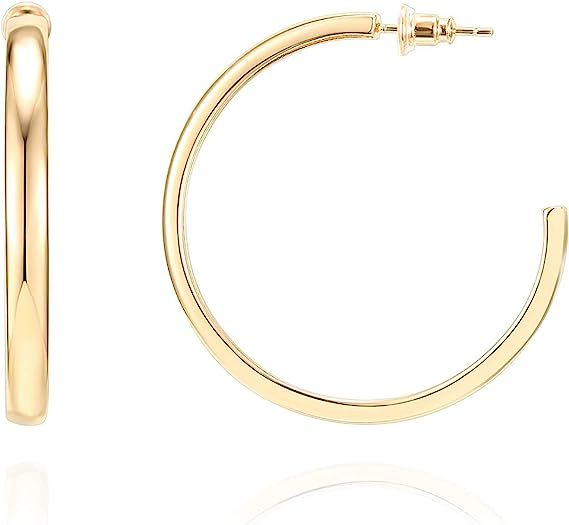 PAVOI 14K Gold Plated Wide Flat Edge Hoop Earrings for Women | Rose, White and Yellow Gold Hoops ... | Amazon (US)