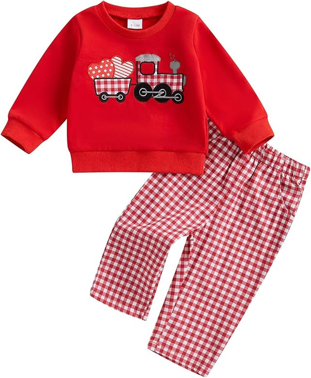 Toddler Baby Girl Boy Valentine's Day Outfit Heart Embroidered Long Sleeve Sweatshirt Plaid Pants... | Amazon (US)