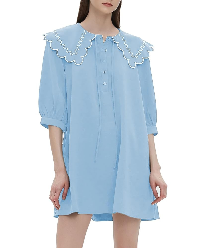 D-Sun Women's Tunic Mini Dress 3/4 Sleeves Peter Pan Button Tie Casual Loose A Line Babydoll Dres... | Amazon (US)