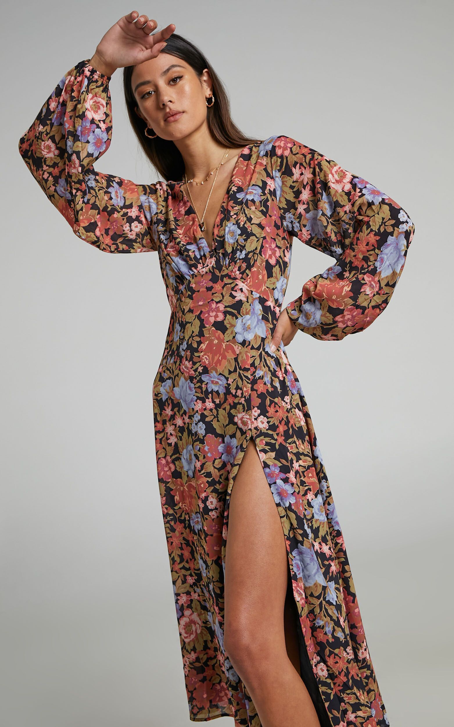Henny Midi Dress - Long Sleeve Split Dress in Dusk Floral | Showpo (US, UK & Europe)
