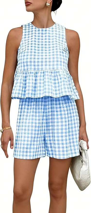 QIBABU Womens 2 Piece Outfits Summer Gingham Plaid Peplum Tank Tops High Waist Shorts Casual Cott... | Amazon (US)