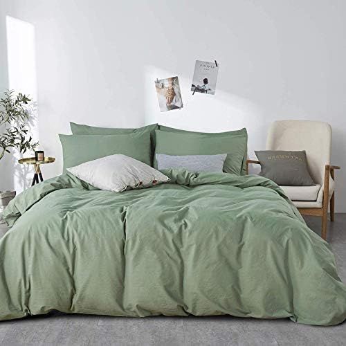 JELLYMONI Green 100% Washed Cotton Duvet Cover Set, 3 Pieces Luxury Soft Bedding Set with Zipper ... | Amazon (US)