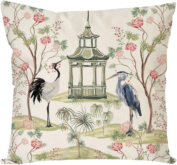 PANDICORN Chinoiserie Throw Pillow Covers 18x18 Inch Pagoda Crane Pink Green Vintage Outdoor Gran... | Amazon (US)