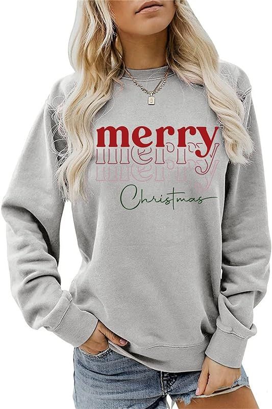Merry Christmas Sweatshirt Women, Funny Letter Printed 80s Graphic Sweatshirt Long Sleeve Crew Neck  | Amazon (US)