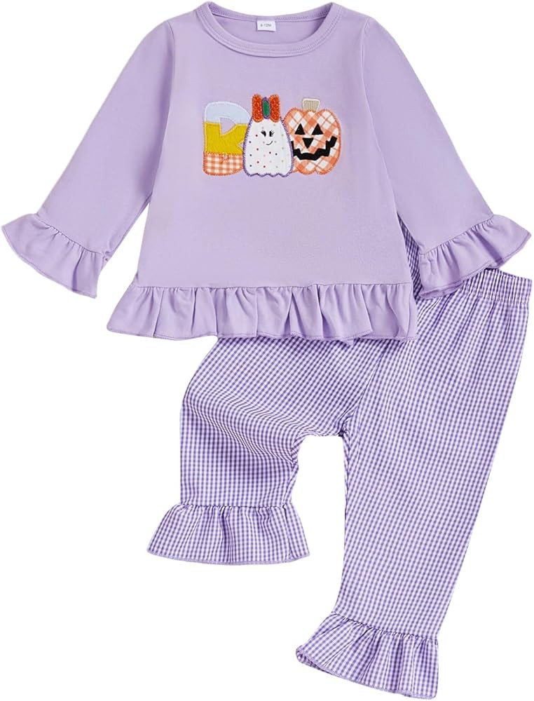 Toddler Girl Halloween Outfit Boo Embroidery Long Sleeve Ruffle Shirt Top Plaid Pants Set 2 Piece... | Amazon (US)