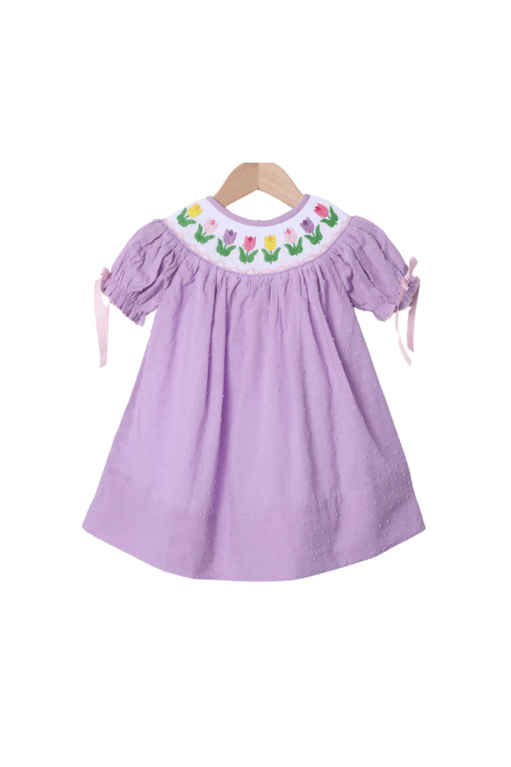 Smocked Tulips Lavender Swiss Dot Dress | The Smocked Flamingo