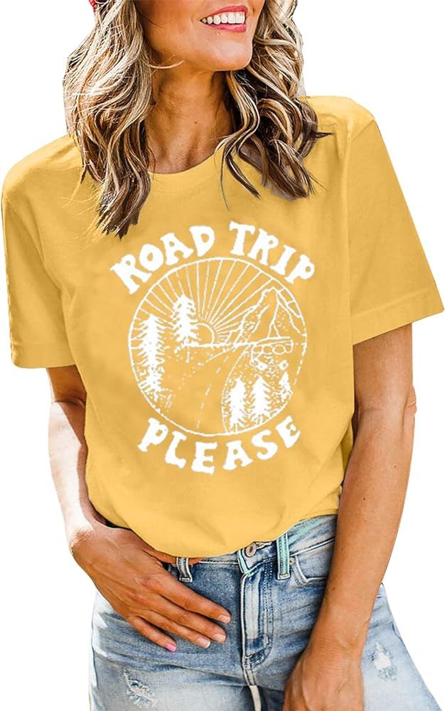 Road Trip Please T-Shirts Women Hiking Mountain Casual Tops Short Sleeve Holiday Graphic Tees… | Amazon (US)