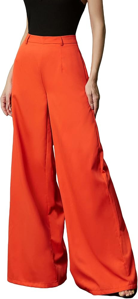 Floerns Women's Casual High Waist Wide Leg Palazzo Pants Zip Back Trousers | Amazon (US)