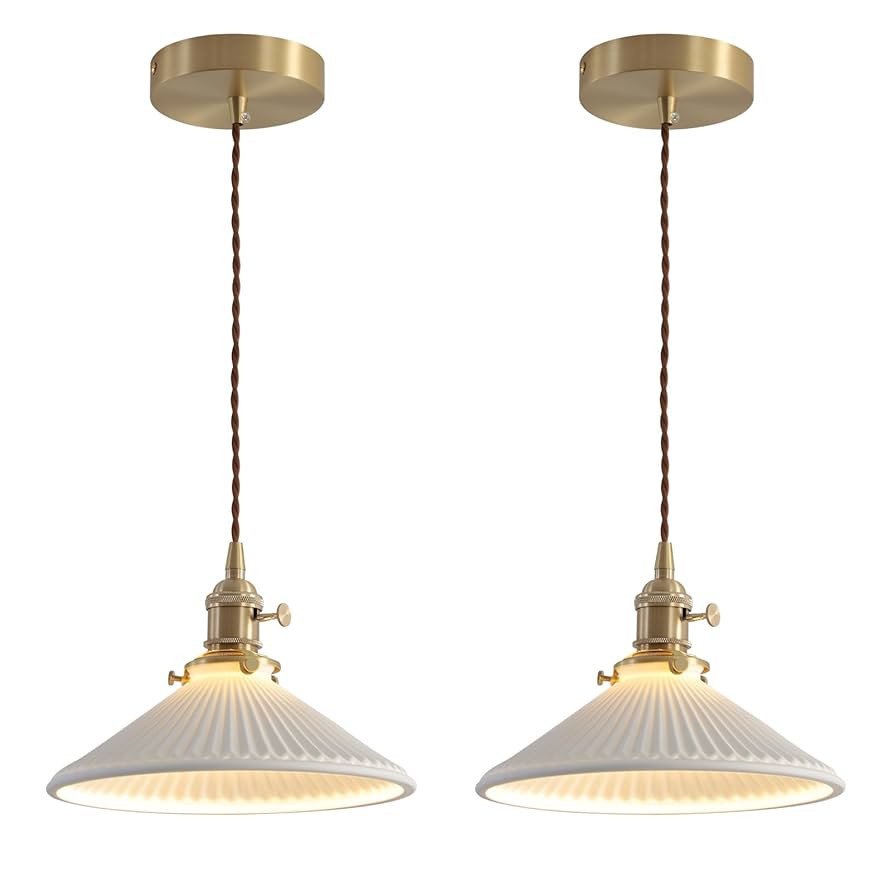 Modern Brushed Brass Pendant Lights Kitchen Island 2 Pack Mid Cenrury Milk Glass Hanging Light Fi... | Amazon (US)
