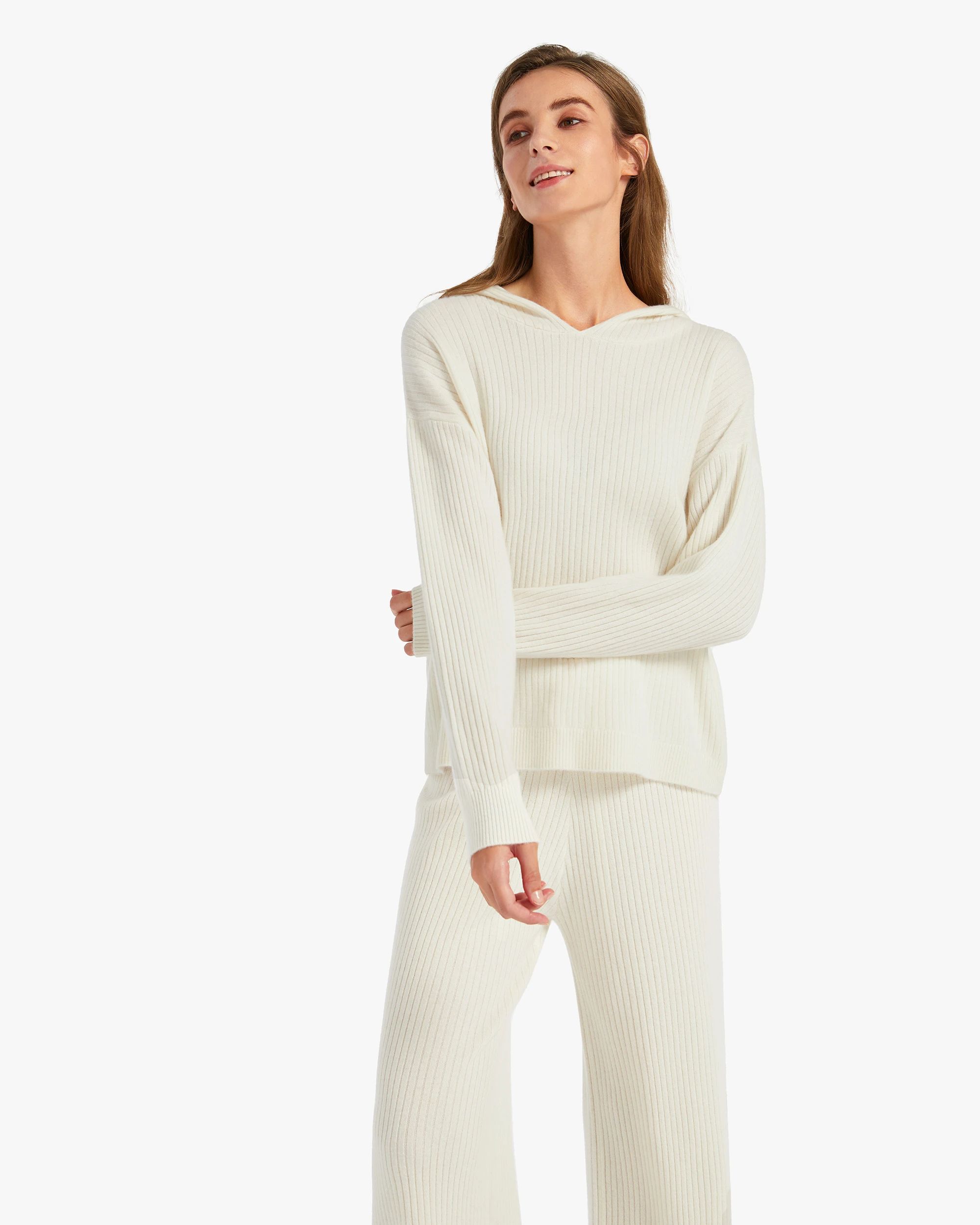 Ribbed Pure Cashmere Hoodie Set | LilySilk