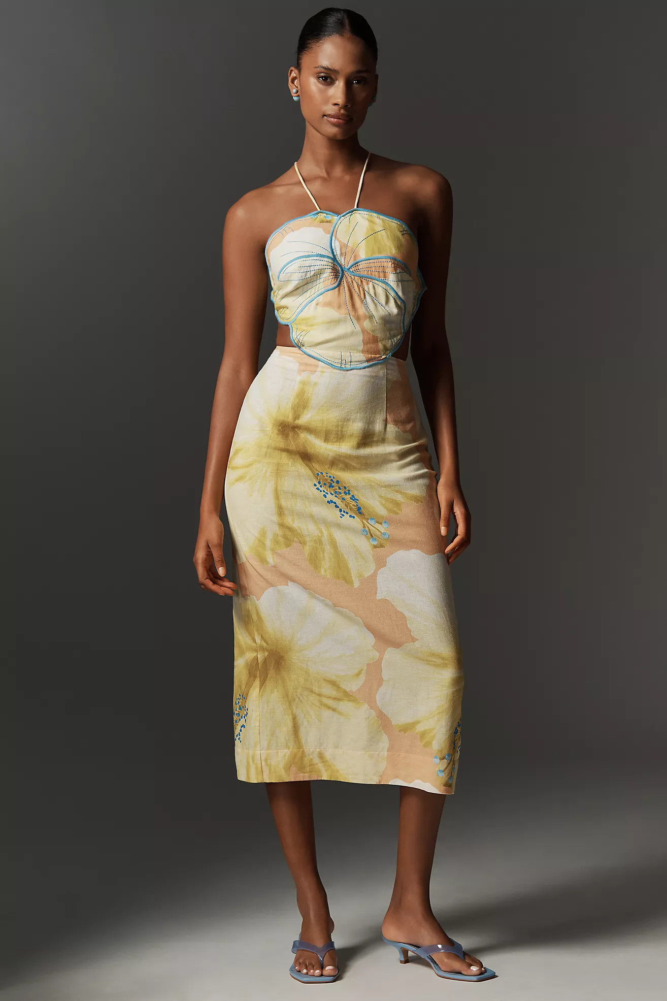Farm Rio x Anthropologie Floral Printed Linen Blend Halter Midi Dress | Anthropologie (US)