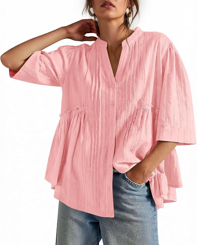 Cicy Bell Womens Peplum Button Down Shirts Summer V Neck Half Sleeve Blouses Dressy Casual Flowy ... | Amazon (US)