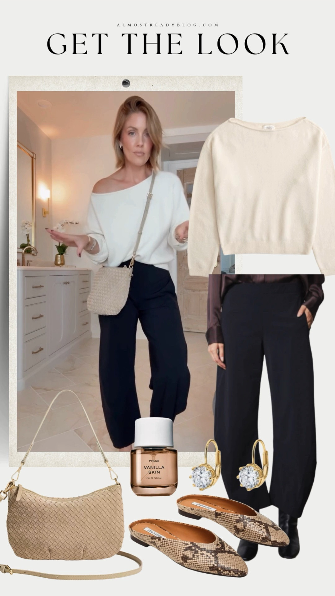Get the look with a cozy off shoulder cream sweater, black wide leg pants, a neutral woven handbag, and chic accessories. Perfect for an effortless fall outfit!

XS sweater / 0 Petite pants (linked to the Amazon ones I have two that are pretty much exact!) / flats are true to size

off shoulder sweater, black wide leg pants, chic fall outfit, neutral woven handbag, snakeskin ballet flats, casual fall style, effortless everyday look, cream knit sweater, fall outfit ideas, elevated casual style