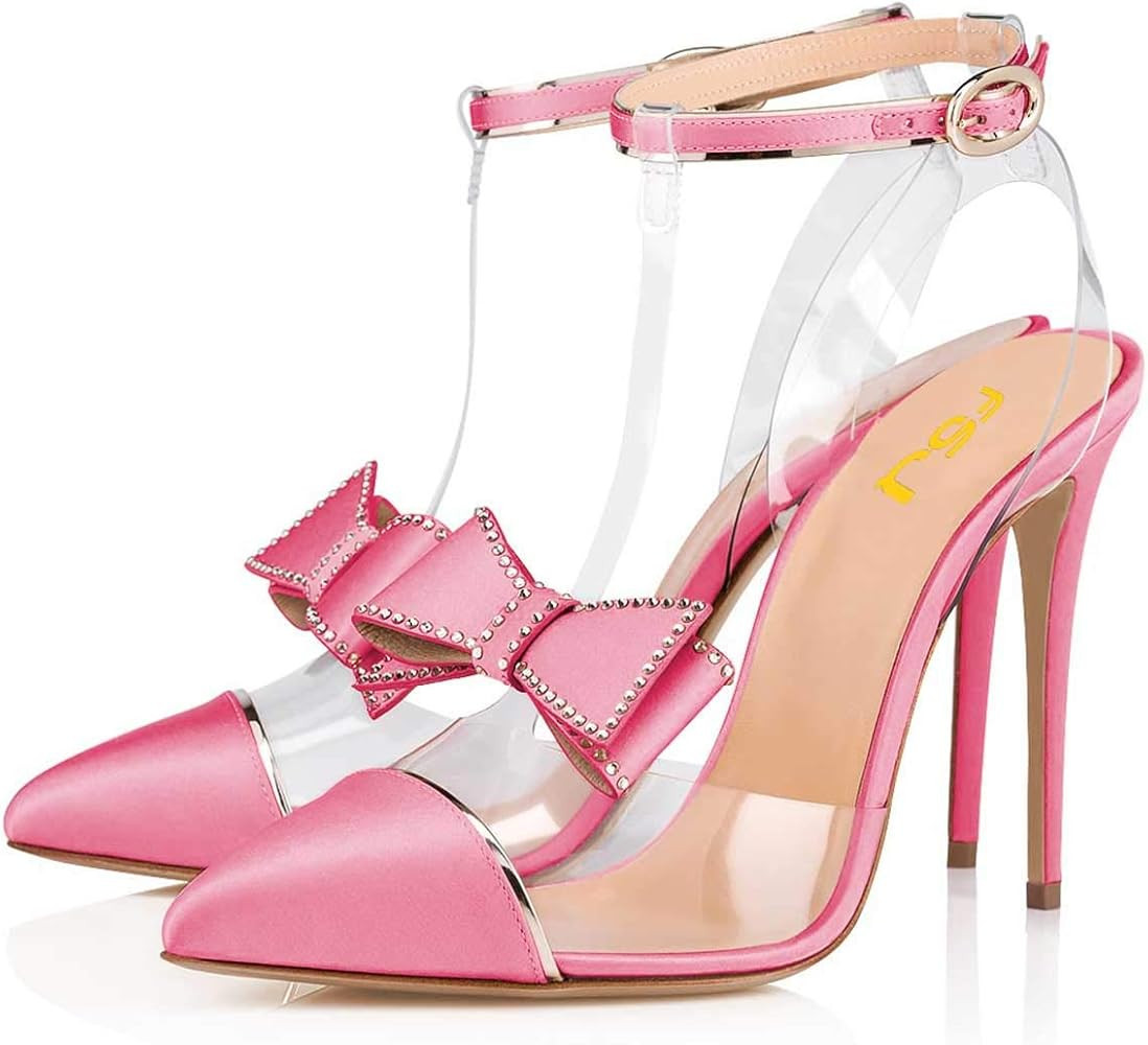 Amazon.com | FSJ Women Clear T Strap Pointed Toe Stiletto High Heels Dress Pumps Sandals with Rhi... | Amazon (US)