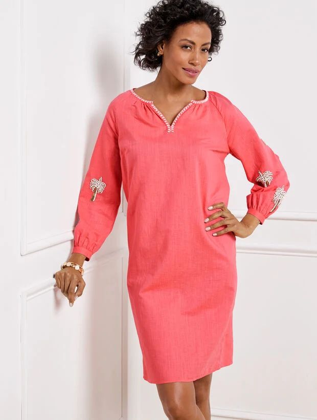 Linen Cotton Shift Dress - Embroidered Palm | Talbots