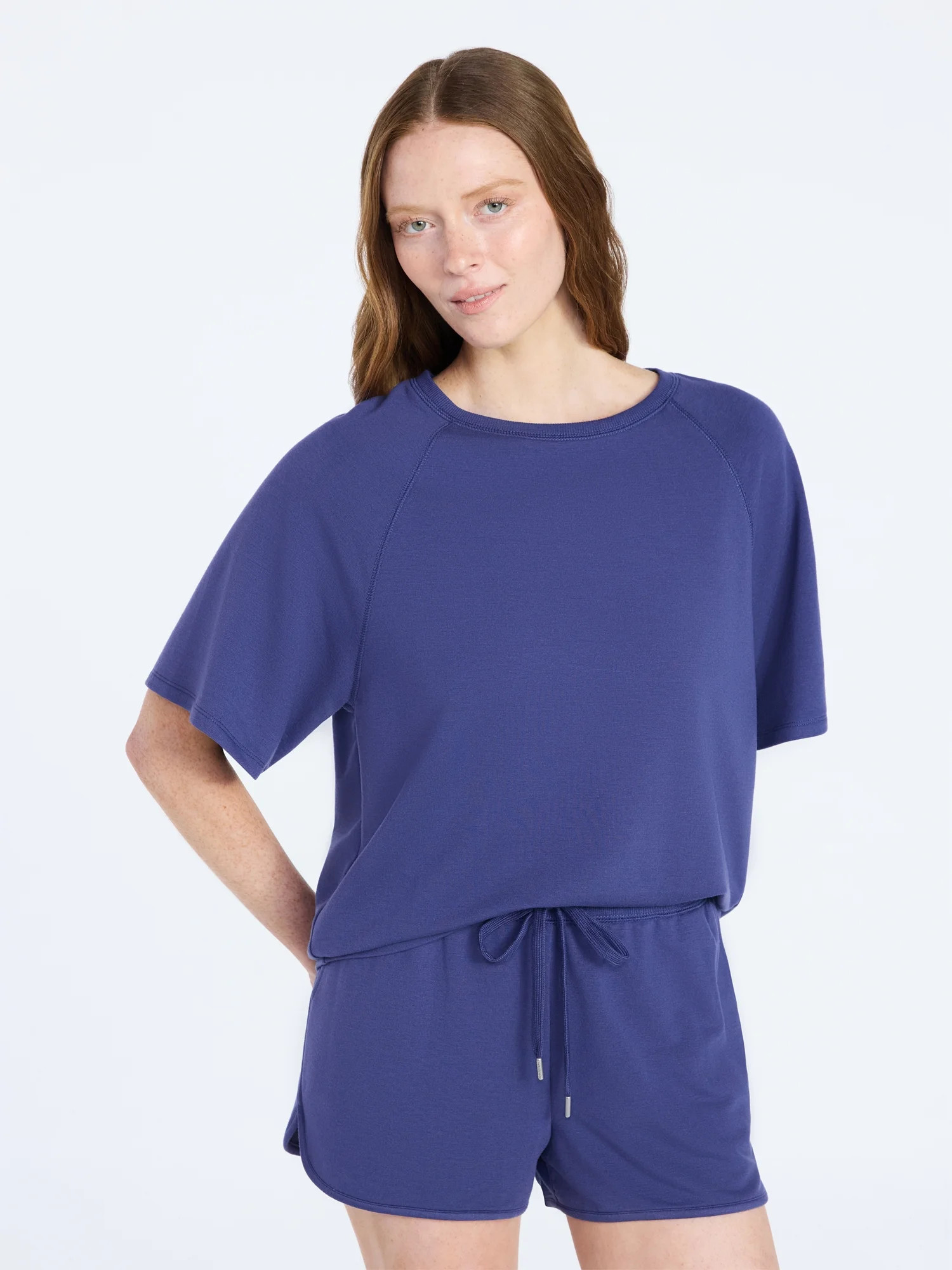 Joyspun Women's French Terry Lounge Sleep Short Sleeve Top and Shorts Set, 2-Piece, Sizes XS-3X | Walmart (US)