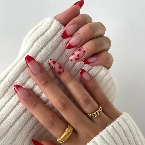 Red Valentines Press on Nails Heart Design Fake Nails Almond Shape Red French Tip Valentines Acrylic Nails Medium Length Glue on Nails Glossy Red Heart Stick on Nails for Women | Amazon (US)