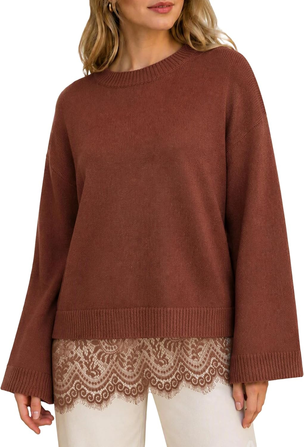 Women Lace Hem Knit Sweater Oversized Crew Neck Pullover | Amazon (US)