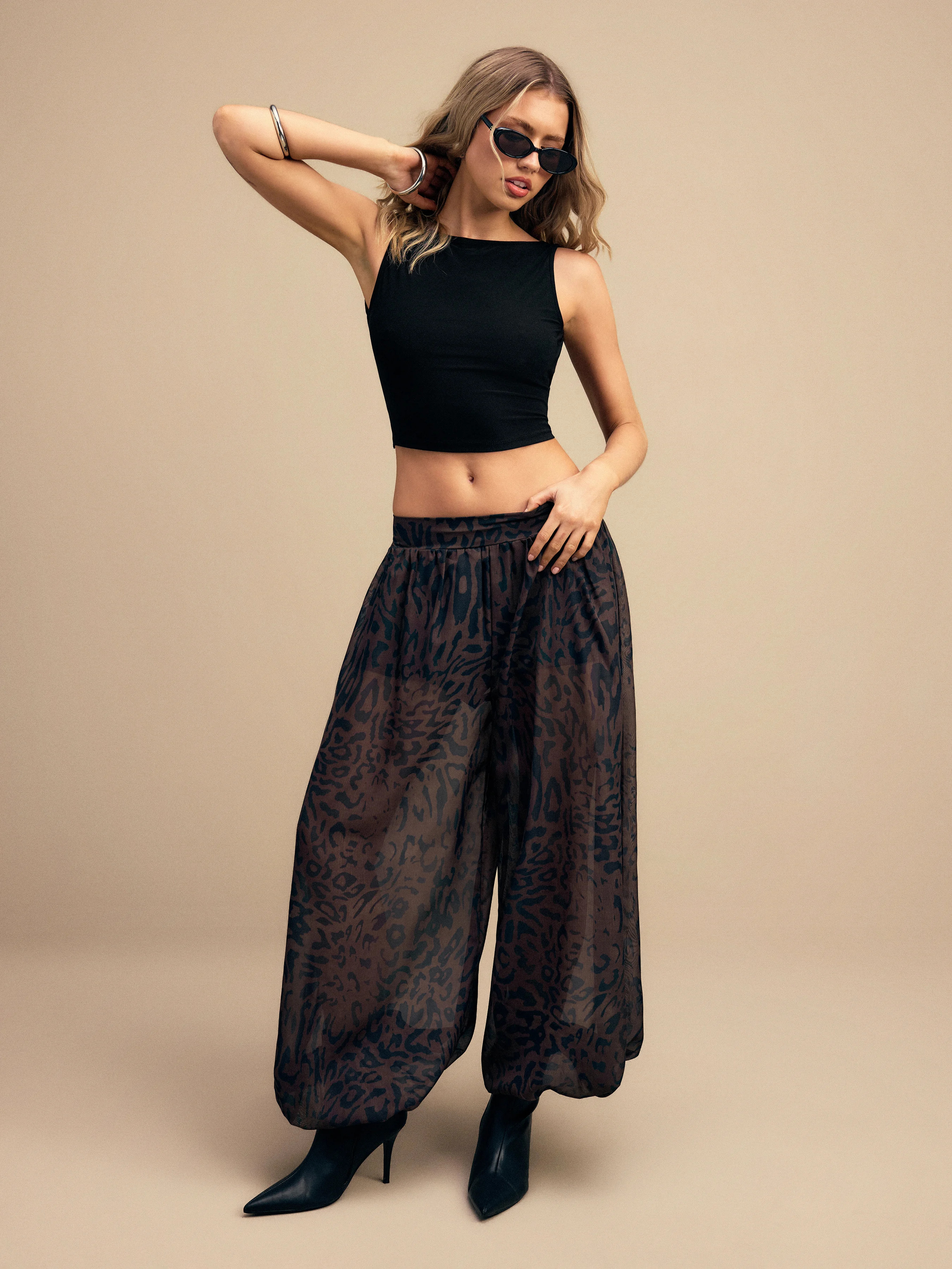 Chiffon Chiffon Leopard Loose Fit Balloon Pants For Daily Casual Party/Clubbing | Cider