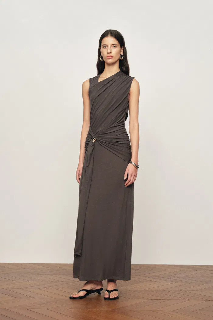 Delilah Gray Asymmetric Draped Sleeveless Dress in wool Blend Knit | Fabrique