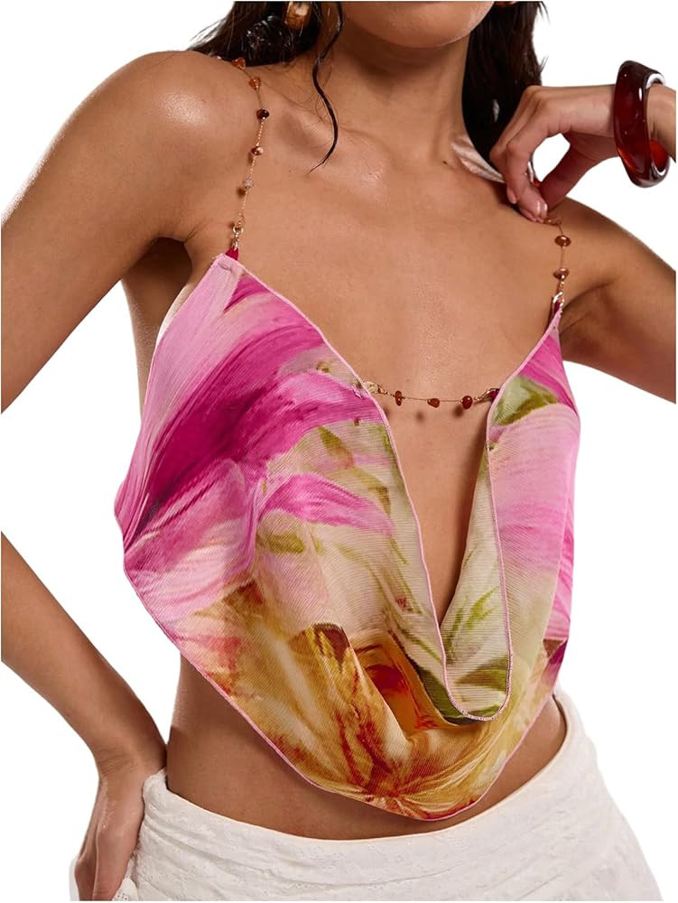 Women's Boho Floral Beaded Chain Camisole Top Backless Draped Neck Sleeveless Low Cut Crop Tops | Amazon (US)