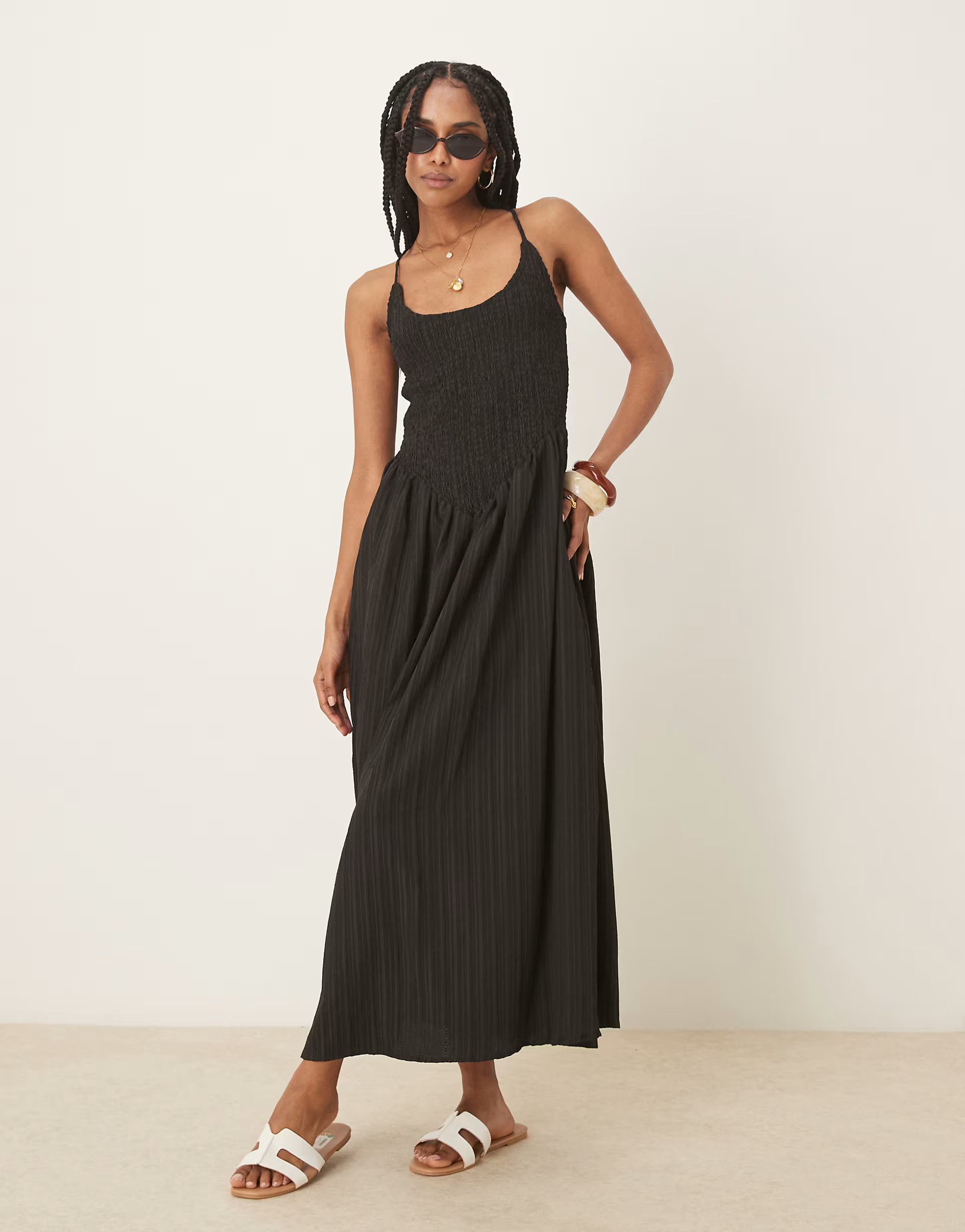 ASOS DESIGN scoop neck crinkle maxi dress with cross back in black | ASOS (Global)