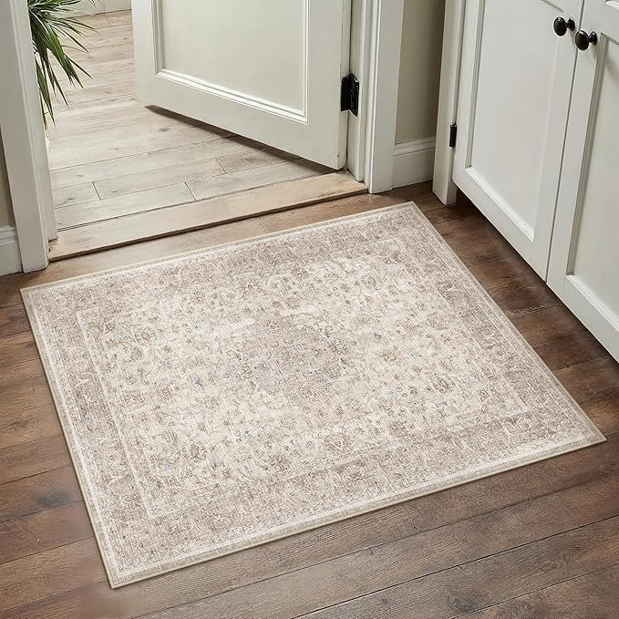 PureCozy Beige Area Rug 2x3 Washable Vintage Entryway Carpet Low Pile Non Slip Distressed Door Ma... | Amazon (US)