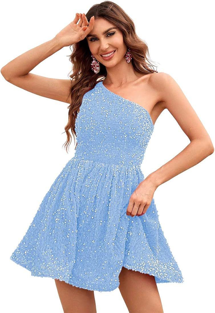 Dessiny Junior's One Shoulder Sequin Homecoming Dresses 2023 Sparkly Teens Short Prom Mini Dress ... | Amazon (US)