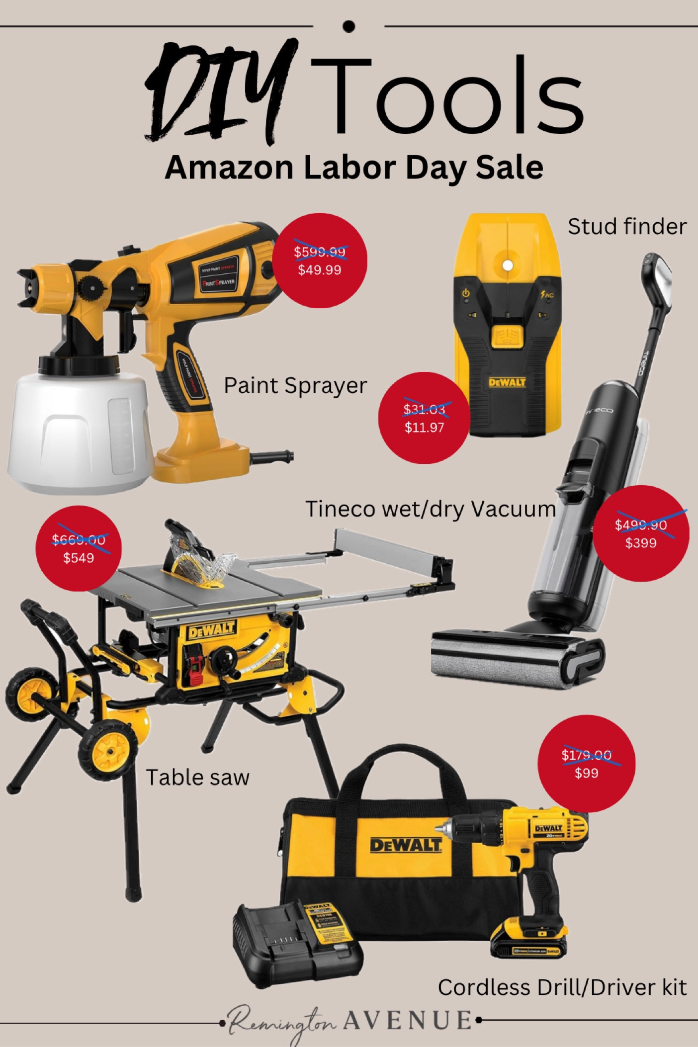 Some of my most used and favorite tools for DIY projects are on major sale for Labor Day on @amazon. This Dewalt paint sprayer is 92% off! Marked down from $600 to $50! Wireless drill/driver kit almost $100 off,  Dewalt table saw marked down to $549 from$669. Dewalt stud finder only $12 and My favorite cleanup tool, the Tineco wet dry vacuum is $100 off the original price. Limited time sale so DO NOT WAIT on these.

#LTKHome #LTKSaleAlert