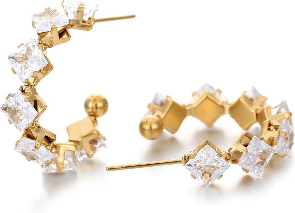 14K Gold Plated Chunky Cubic Zirconia Earrings Trendy Crystal Huggie Hoop Earrings for Women Girl... | Amazon (US)