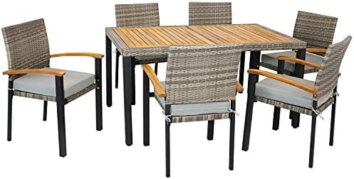 Sunnydaze Carlow Outdoor Dining Set - 7-Piece Rattan and Acacia Outside Patio Furniture - 1 Table... | Amazon (US)