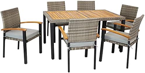 Sunnydaze Carlow Outdoor Dining Set - 7-Piece Rattan and Acacia Outside Patio Furniture - 1 Table... | Amazon (US)