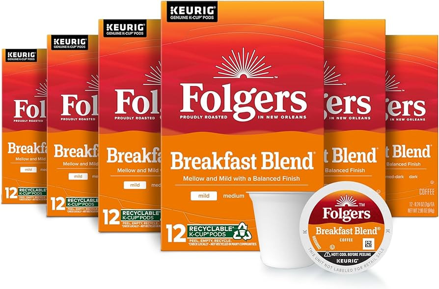 Folgers Breakfast Blend Mild Roast Coffee, 72 Keurig K-Cup Pods | Amazon (US)