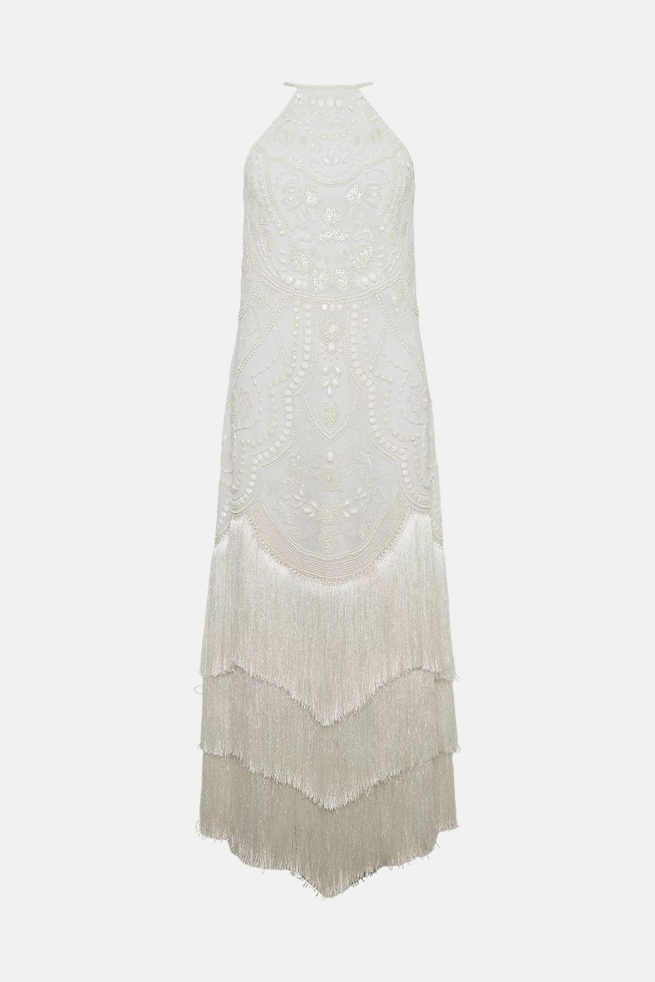 Fringed Beaded Woven Midi Dress | Karen Millen US
