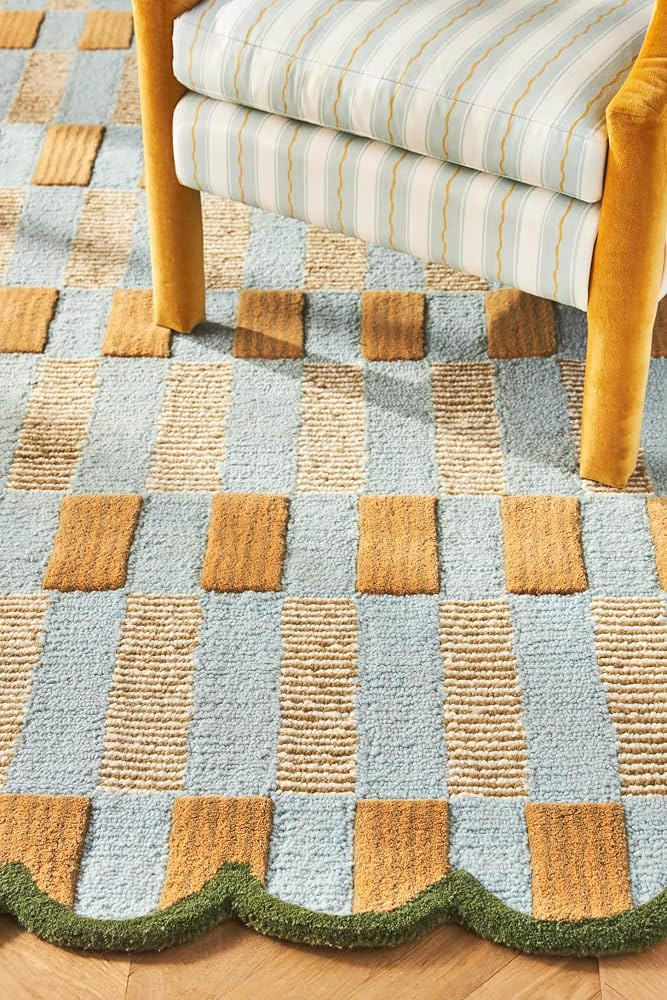 Hand-Tufted Scalloped Wool Area Rug 4' x 6' – Modern Plaid Checkered Pattern - Mustard Yellow, ... | Amazon (US)