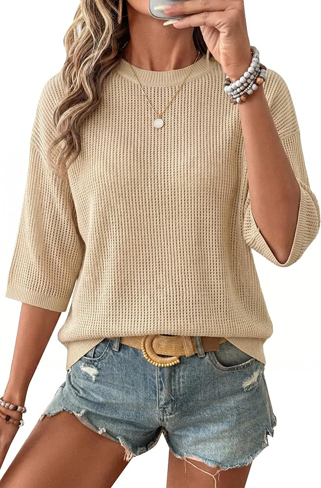 Arach&Cloz Womens Summer 100% Cotton Oversized Crochet Tops 3/4 Length Sleeve Sweater Hollow Out ... | Amazon (US)