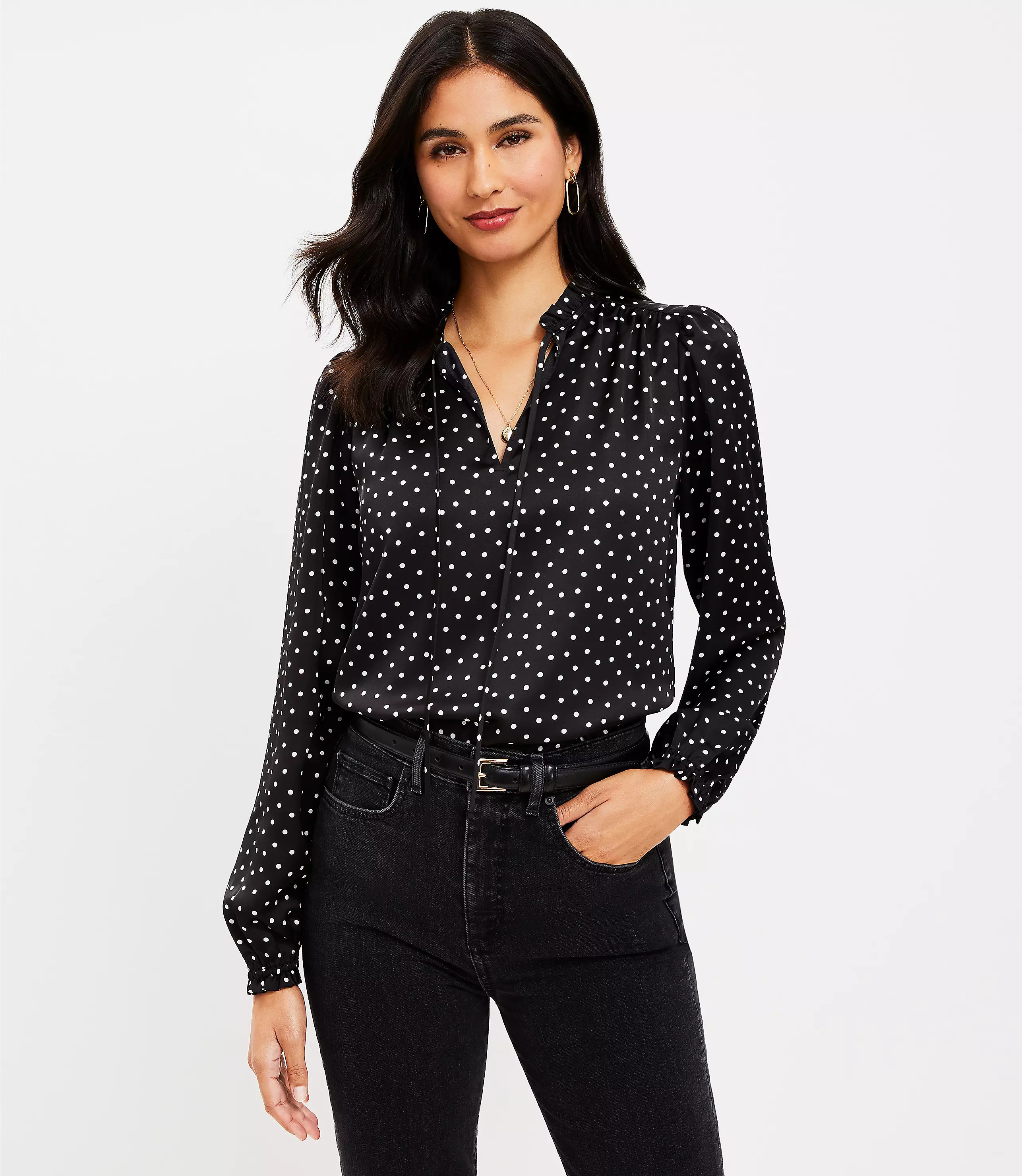 Dotted Ruffle Tie Neck Mixed Media Blouse | LOFT
