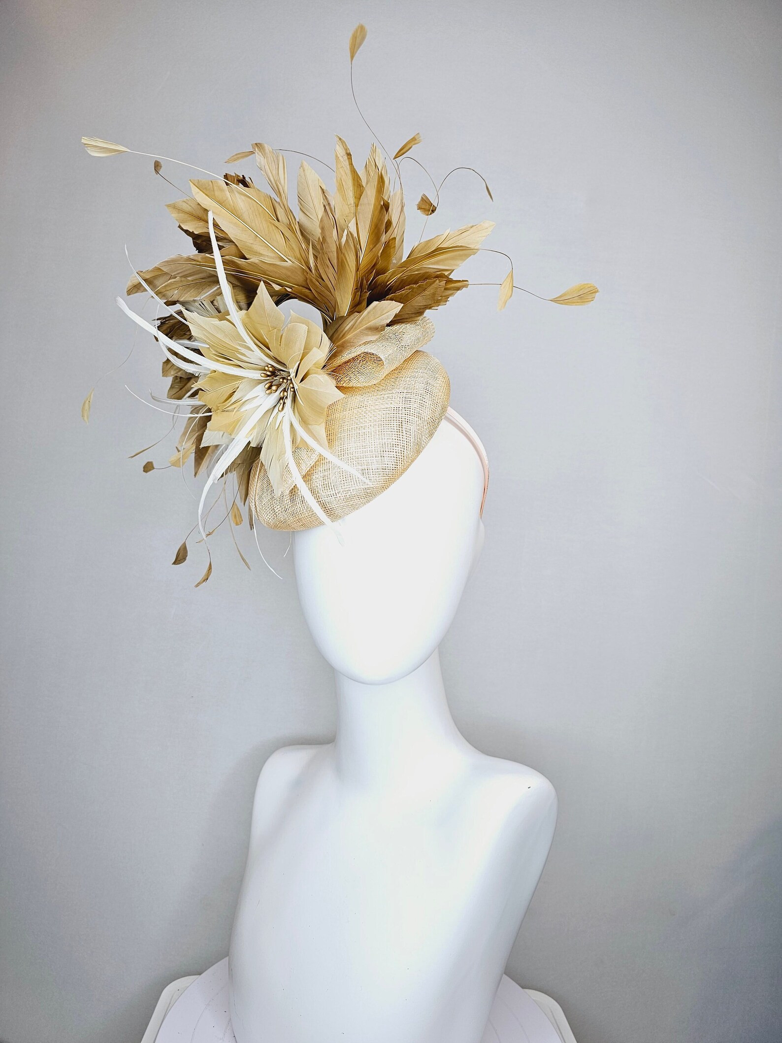 Kentucky Derby Hat Fascinator Gold Neutral Taupe Beige Sinamay With Gold Brown White Feather Flow... | Etsy (US)