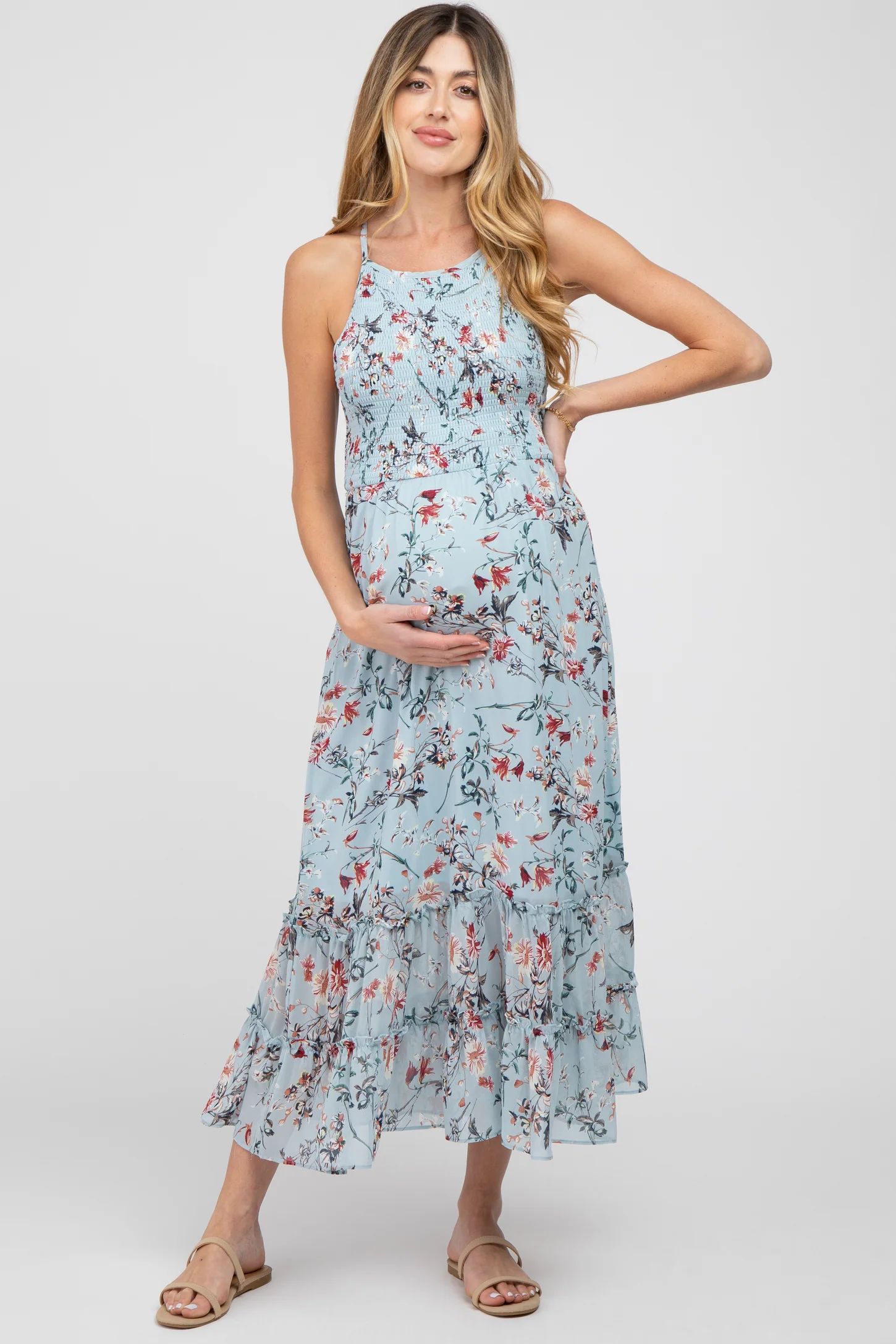 Light Blue Floral Chiffon Smocked Maternity Midi Dress | PinkBlush Maternity