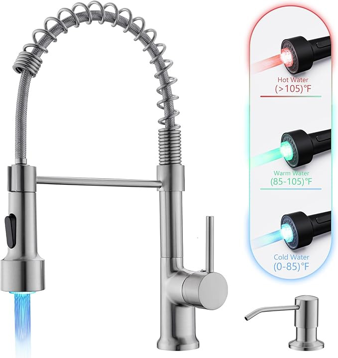 GIMILI LED Kitchen Faucet with Soap Dispenser, Modern Single Handle Spring Kitchen Sink Faucets w... | Amazon (US)