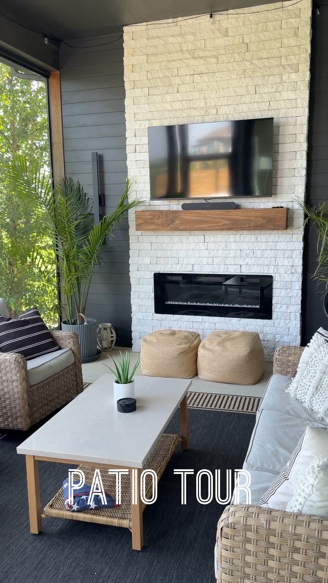 Patio items linked!

Walmart patio furniture - love this set, great quality and price 
Poufs are from At Home 
Palm tree pots + side table cooler are Amazon 
Silicone coasters 
Amazon area rug, pillows and inserts 
Home Depot fan and LED lights 

Screened in porch / patio inspo / outdoor home decor