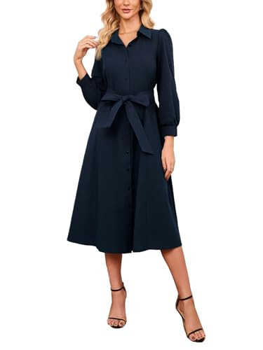 Ladyful Women's 3/4 Sleeve Cotton Midi Shirt Dress Collared Button Down Belted Casual A-line Flowy Tie-Waist Dresses Navy | Amazon (US)