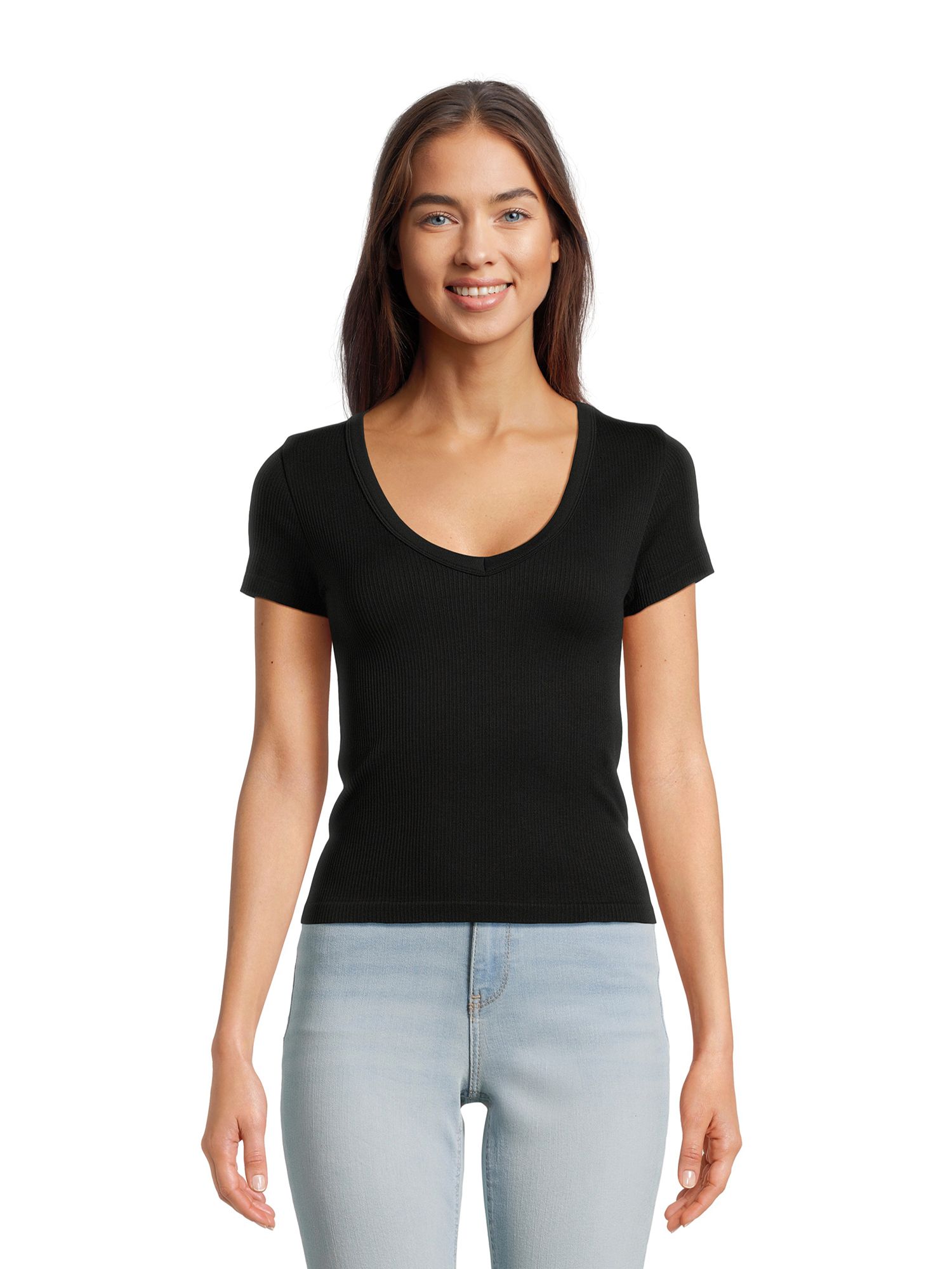 No Boundaries Seamless V-Neck Tee with Short Sleeves, Women's | Walmart (US)