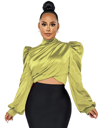 Satin Blouses for Women Sexy Puff Sleeve Loose Casual Blouses and Tops Dressy Yellowish Green S | Amazon (US)
